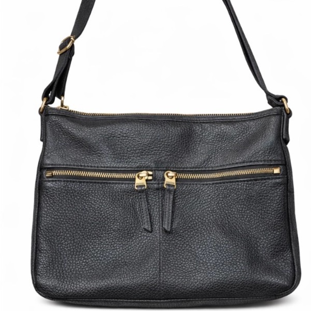 Vintage Fossil Black Pebbled Leather Crossbody Bag – Brass Hardware